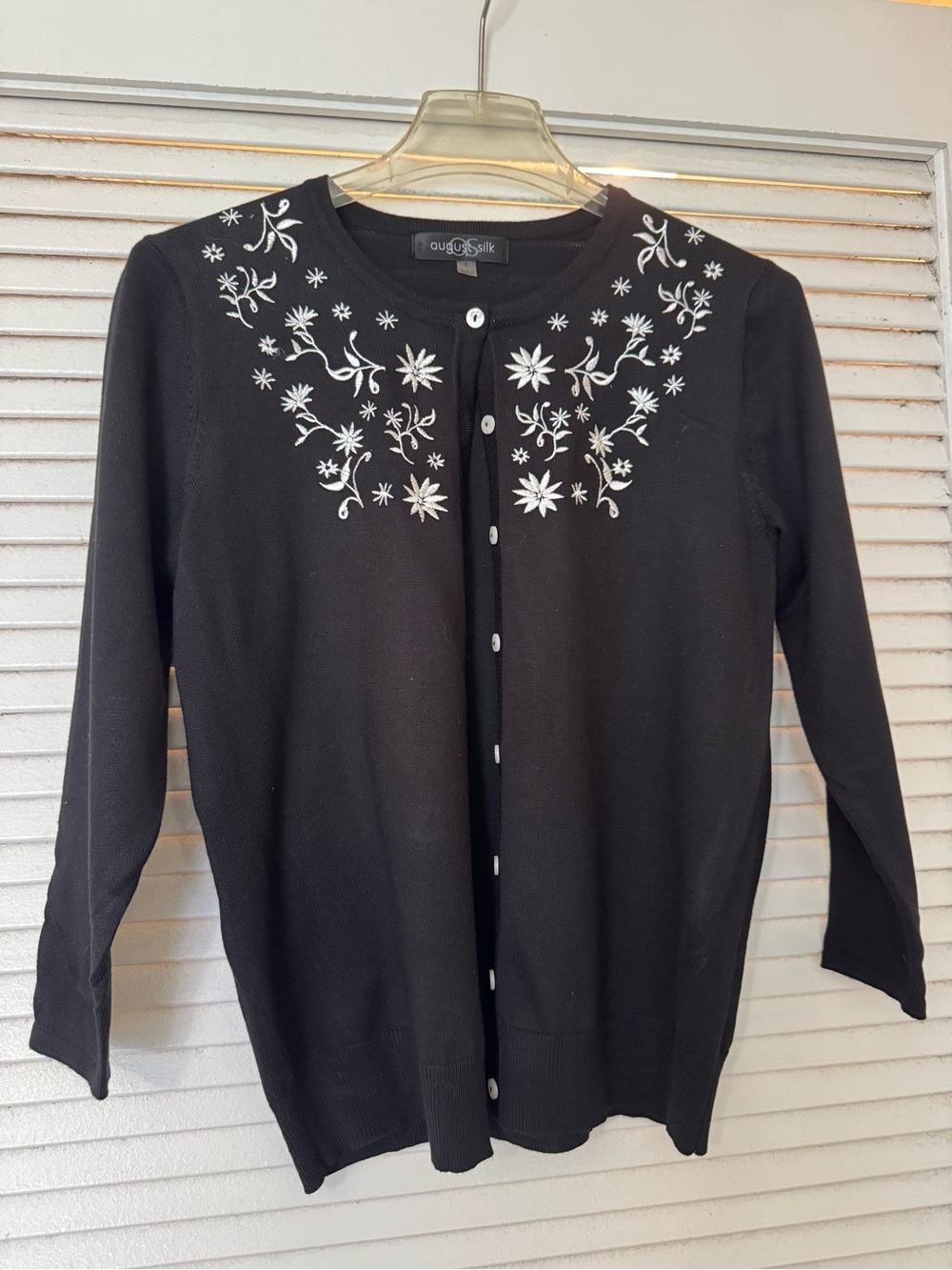 august silk Black Cardigan with White Floral Embroidery